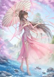 Rule 34 | 1girl, absurdres, animal ears, artist request, bare legs, blue sky, douluo dalu, dress, falling petals, floating hair, hair ornament, high heels, highres, holding, holding umbrella, long hair, mountain, petals, pink dress, ponytail, rabbit ears, ripples, second-party source, sky, solo, umbrella, water, xiao wu (douluo dalu)