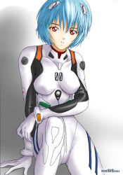 Rule 34 | 1girl, 2004, arm support, ayanami rei, blue hair, bodysuit, bracer, breasts, dated, gloves, hair ornament, interface headset, looking at viewer, medium breasts, neon genesis evangelion, parted lips, plugsuit, red eyes, short hair, sitting, solo, turtleneck