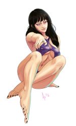 Rule 34 | 1girl, barefoot, black nails, breasts, center opening, diepod, full body, hair down, han juri, highres, large breasts, lips, long hair, nail polish, navel, nose, one-piece swimsuit, pointing, pointing at viewer, purple eyes, purple one-piece swimsuit, sitting, solo, street fighter, street fighter iv (series), swimsuit, toenail polish, toenails, toes, underboob, unfinished