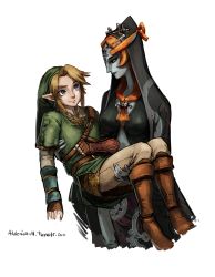 Rule 34 | 1boy, 1girl, alderion-al, blue skin, boots, bracer, carrying, colored skin, front ponytail, height difference, highres, hood, knee boots, link, midna, midna (true), nintendo, orange hair, pantyhose, pointy ears, princess carry, role reversal, smile, spoilers, the legend of zelda, the legend of zelda: twilight princess, tunic
