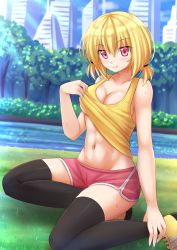 Rule 34 | 1girl, :q, abs, black thighhighs, blonde hair, blurry, blush, breasts, building, cleavage, clothes lift, collarbone, commission, day, depth of field, dolphin shorts, highres, kazenokaze, looking at viewer, navel, original, outdoors, red eyes, river, shirt lift, short shorts, shorts, singlet, skyscraper, smile, solo, squatting, sunlight, sweat, thighhighs, tongue, tongue out, zettai ryouiki