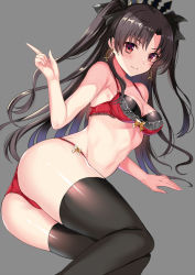 Rule 34 | 1girl, alternate costume, ass, black thighhighs, bra, breasts, commentary request, earrings, fate/grand order, fate (series), grey background, harimoji, hoop earrings, ishtar (fate), jewelry, long hair, medium breasts, panties, red eyes, simple background, solo, thighhighs, two side up, underwear, underwear only