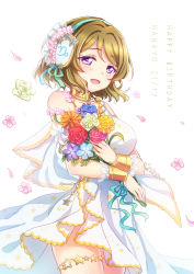 Rule 34 | 10s, 1girl, :d, blue ribbon, bouquet, bracelet, brown hair, capelet, character name, dated, dress, earmuffs, emia wang, flower, hair flower, hair ornament, happy birthday, highres, holding, holding bouquet, jewelry, koizumi hanayo, love live!, love live! school idol festival, love live! school idol project, necklace, open mouth, petals, purple eyes, ribbon, short hair, smile, solo, thighlet