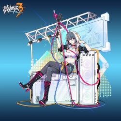 Rule 34 | 1girl, boots, cleavage cutout, clothing cutout, cross-laced footwear, crossed legs, denim, high heel boots, high heel sneakers, high heels, highres, honkai (series), honkai impact 3rd, hood, hoodie, jacket, jeans, juer1004, lace-up boots, microphone, microphone stand, nail polish, official art, open clothes, open jacket, pants, purple eyes, raven (honkai impact), shoes, sneakers, stereo, tank top