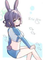 Rule 34 | 1girl, animal ears, blue archive, breasts, commentary request, green eyes, halo, highres, hyakucha, large breasts, looking at viewer, medium hair, official alternate costume, purple hair, rabbit ears, rash guard, saki (blue archive), saki (swimsuit) (blue archive), thighs