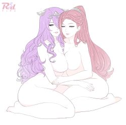 Rule 34 | 2girls, asymmetrical docking, barefoot, breast press, breasts, camilla (fire emblem), feet, fire emblem, fire emblem fates, fire emblem heroes, hair over one eye, hand on thigh, highres, large breasts, loki (fire emblem), long hair, looking at viewer, matching hair/eyes, multiple girls, nail polish, nintendo, nude, ponytail, purple eyes, purple hair, r3dfive, red hair, signature, smile, thighs, white background, yuri