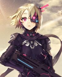 Rule 34 | 1girl, armor, artificial eye, blonde hair, bodysuit, breastplate, cloud, cloudy sky, commentary request, cowboy shot, cyborg, day, expressionless, gloves, gun, headphones, highres, holding, holding gun, holding weapon, hu kotora, looking at viewer, mecha musume, mechanical eye, neon trim, original, outdoors, parted lips, pink eyes, rifle, shiny clothes, short hair, skin tight, sky, solo, standing, star (sky), starry sky, weapon