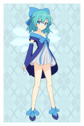 Rule 34 | 10s, 1girl, argyle, argyle background, argyle clothes, bare shoulders, blue eyes, blue hair, bow, card, cato (monocatienus), cirno, collarbone, cosplay, detached sleeves, dress, flat chest, hair bow, highres, ice, ice wings, legs, long sleeves, look-alike, looking at viewer, matching hair/eyes, off shoulder, petite, piruluk, piruluk (cosplay), short dress, smile, solo, touhou, tsurime, wide sleeves, wings, wixoss