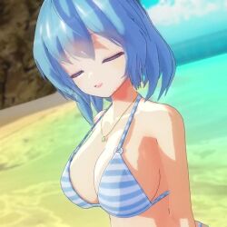 Rule 34 | 1girl, 3d, animated, blue eyes, blue hair, breasts, cleavage, heterochromia, large breasts, looking at viewer, mofumoko5, red eyes, smile, solo, swimsuit, tagme, tatara kogasa, thighs, tongue, tongue out, touhou, upper body, video