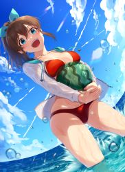 Rule 34 | 1girl, :d, ball, beachball, bikini, blue eyes, blue ribbon, blue sky, blush, breasts, brown hair, cleavage, cloud, collarbone, commentary, feet out of frame, from below, hair ribbon, holding, holding ball, horizon, idolmaster, idolmaster million live!, idolmaster million live! theater days, inflatable toy, jacket, kamille (vcx68), looking at viewer, medium breasts, medium hair, open clothes, open jacket, open mouth, outdoors, ponytail, red bikini, ribbon, satake minako, sky, smile, solo, splashing, standing, swimsuit, thighs, wading, water, water drop, watermelon beachball, wet, wet clothes