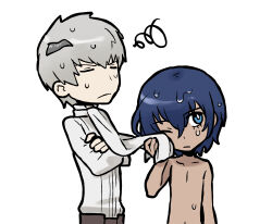 2boys blue_eyes blue_hair chibi closed_mouth crossed_arms grey_hair hair_between_eyes highres long_sleeves male_focus metaphor:_refantazio multiple_boys nude one_eye_closed protagonist_(metaphor:_refantazio) sach56000 shirt simple_background squiggle strohl_(metaphor:_refantazio) sweat wet wet_hair white_background white_shirt wiping_face