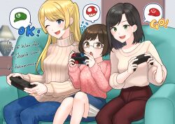 Rule 34 | 3girls, absurdres, artist name, black hair, blonde hair, blue eyes, brown eyes, brown hair, commission, couch, english text, female focus, fukuroumori, glasses, green eyes, highres, jewelry, lamp, long hair, mario (series), mario party, mother and daughter, multiple girls, nintendo, nintendo switch, on couch, original, pale skin, ring, short hair, skeb commission, sweater, wedding ring, wife and wife