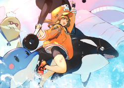 Rule 34 | 1girl, anchor symbol, animal, bare legs, bike shorts, brown eyes, brown hair, cabbie hat, commentary request, dolphin, duplicate, eyepatch, facial hair, fingerless gloves, glasses, gloves, guilty gear, guilty gear strive, hat, heart, heart tattoo, highres, holding, holding weapon, jacket, kureta (nikogori), may (guilty gear), open mouth, orange hat, orange jacket, orca, pixel-perfect duplicate, shoes, skull and crossbones, smile, solo, tattoo, water, weapon, whale, wide sleeves
