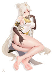 Rule 34 | 1girl, absurdres, ass, barefoot, breasts, claw ring, feet, foreshortening, genshin impact, hand on own ass, highres, long hair, looking at viewer, ningguang (genshin impact), panties, pantyshot, red eyes, silver hair, smile, soles, toes, underwear