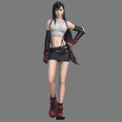 Rule 34 | 1girl, 3d, absurdres, arm warmers, bare shoulders, belt, black belt, black hair, black skirt, breasts, crop top, dissidia final fantasy, dissidia final fantasy nt, earrings, final fantasy, final fantasy vii, full body, gloves, grey background, high tops, highres, jewelry, leather belt, long hair, looking at viewer, low-tied long hair, medium breasts, midriff, miniskirt, navel, official art, red eyes, red gloves, shoes, simple background, skin tight, skirt, sneakers, socks, solo, suspender skirt, suspenders, tank top, tifa lockhart, very long hair