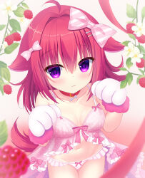 Rule 34 | 1girl, :3, ahoge, animal collar, animal ears, animal hands, babydoll, blurry, blush, bow, breasts, breasts apart, closed mouth, collar, commentary, cowboy shot, depth of field, dog ears, dog girl, dog tail, eyelashes, eyes visible through hair, food, frilled babydoll, frills, fruit, gloves, gradient background, hair between eyes, hair bow, hair intakes, heart, heart-shaped pupils, highres, kanou minato, leaf, looking at viewer, medium breasts, medium hair, nanatsu (na na tsu), navel, panties, paw gloves, paw pose, pink babydoll, pink background, pink bow, polka dot babydoll, purple eyes, raspberry, raspberry cube, red hair, simple background, smile, solo, striped bow, symbol-shaped pupils, tail, underwear, white background, white panties