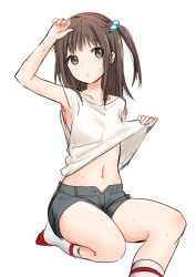Rule 34 | 1girl, absurdres, arm up, bare arms, black shorts, blush, brown eyes, brown hair, character request, clothes lift, collarbone, eyebrows, full body, hair bobbles, hair ornament, highres, ica, kneehighs, lifted by self, long hair, navel, original, parted lips, shirt, shirt lift, shorts, side ponytail, simple background, sitting, sleeveless, sleeveless shirt, socks, solo, stomach, sweat, white background, white shirt