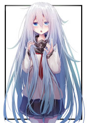 Rule 34 | 1girl, absurdres, black sailor collar, black skirt, blue eyes, blue hair, chestnut mouth, commentary request, cowboy shot, gradient hair, hair between eyes, hands in hair, hands up, hibiki (kancolle), highres, kantai collection, long hair, long sleeves, looking at viewer, multicolored hair, open mouth, pleated skirt, red neckwear, sailor collar, school uniform, serafuku, shirt, silver hair, skirt, sleeves past wrists, solo, standing, su ha ya, very long hair, white background, white shirt