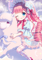 Rule 34 | 1girl, ;d, alpaca, animal, argyle, argyle clothes, argyle legwear, blue dress, blue eyes, blue headwear, blush, bonnet, bow, chitosezaka suzu, commentary request, dress, drill hair, feathers, frilled dress, frills, jewelry, juliet sleeves, lolita fashion, long hair, long sleeves, one eye closed, open mouth, original, pantyhose, print dress, puffy sleeves, red bow, red eyes, red hair, riding, ring, sidelocks, smile, solo, star (symbol), sweet lolita, twin drills, twintails, very long hair, wide sleeves