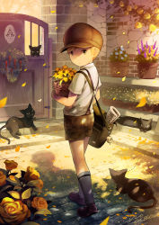 Rule 34 | 1boy, animal, bag, bag charm, black cat, blonde hair, brick, brown footwear, building, cabbie hat, carrying, cat, expressionless, flower, flower pot, from behind, gate, green eyes, hat, loafers, looking at viewer, looking back, male focus, noeyebrow (mauve), original, outdoors, pavement, petals, plant, potted plant, rose, satchel, shadow, shelf, shirt, shoes, short sleeves, shorts, shoulder bag, signature, socks, sunlight, suspenders, walking, white legwear, white shirt, yellow rose