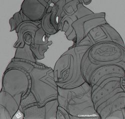 Rule 34 | 2boys, arms (game), greyscale, grin, helmet, looking up, male focus, mask, max brass, monochrome, multiple boys, muscular, pompadour, signature, smile, sora-mito, spring man (arms), sweat, tumblr username, upper body