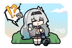 !? 1girl alternate_costume bag black_footwear black_hairband black_sailor_collar black_skirt blue_sky caelus_(honkai:_star_rail) calling cardigan cellphone chibi chibi_only chinese_commentary closed_eyes commentary_request critter_pick_(honkai:_star_rail) day firefly_(honkai:_star_rail) gradient_hair grey_cardigan hair_between_eyes hair_ornament hairband holding holding_phone honkai:_star_rail honkai_(series) long_hair multicolored_hair outdoors phone sailor_collar school_bag school_uniform shirt shoulder_bag skirt sky smartphone socks solo standing sweatdrop trailblazer_(honkai:_star_rail) very_long_hair white_hair white_shirt white_socks youtho