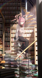 Rule 34 | 1girl, absurdres, alternate costume, aru (blue archive), bespectacled, black pants, blue archive, blunt bangs, blurry, book, book stack, bookshelf, casual, commentary request, depth of field, glasses, halo, highres, indoors, library, long hair, long sleeves, looking at viewer, orange eyes, pants, petals, pink hair, revision, ryeon (bluetom1), sidelocks, sitting, solo, stairs