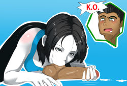 Rule 34 | 1boy, 1girl, ahegao, blue background, caressing testicles, colored skin, cum, ejaculation, erection, erodrunky, fellatio, green eyes, grey hair, hetero, little mac, nintendo, oral, outline, penis, ponytail, punch-out!!, simple background, speech bubble, spoken character, super smash bros., tank top, testicle sucking, testicles, uncensored, veins, veiny penis, white skin, wii fit, wii fit trainer, wii fit trainer (female)