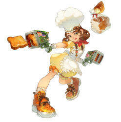 Rule 34 | 1girl, absurdres, apron, bread, bread slice, brown hair, chef hat, dress, food, frilled apron, frills, gloves, green eyes, hat, highres, long hair, orange footwear, original, sauna posa, shoes, short sleeves, simple background, solo, toast, toaster, tongue, tongue out, white apron, white background, white gloves, yellow dress