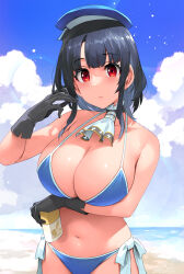 Rule 34 | 1girl, arm under breasts, beach, beret, bikini, black gloves, black hair, blue bikini, blue hat, blue sky, blush, breasts, cleavage, closed mouth, gloves, happa (cloverppd), hat, highres, holding, kantai collection, large breasts, looking at viewer, red eyes, shore, short hair, sky, solo, swimsuit, takao (kancolle), upper body