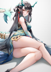 Rule 34 | 1girl, :o, absurdres, antlers, aqua dress, arknights, bare legs, black hair, blush, breasts, china dress, chinese clothes, dress, dusk (arknights), dusk (everything is a miracle) (arknights), earrings, feet out of frame, hair between eyes, highres, horns, jewelry, legs, long hair, looking at viewer, lubikaya, lying, medium breasts, official alternate costume, on side, open mouth, orange eyes, pointy ears, sideboob, solo, tail, thighs, very long hair, white background