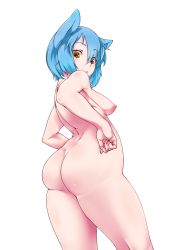Rule 34 | 1girl, :&lt;, animal ears, ass, bad anatomy, blue hair, blush, breasts, cat ears, cat girl, female focus, from above, highres, himamushi nyuudou, large breasts, looking back, nipples, nude, original, puffy nipples, short hair, simple background, solo, standing, thick thighs, thighs, white background, yellow eyes