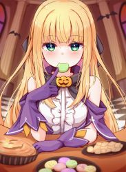 Rule 34 | 1girl, animal, baram, bare shoulders, bat (animal), blonde hair, blurry, blurry background, blush, center frills, checkered floor, closed mouth, commentary request, depth of field, food, food in mouth, frills, gloves, green eyes, hand up, highres, indoors, long hair, looking at viewer, mononobe alice, mononobe alice (5th costume), nijisanji, purple gloves, shirt, sleeveless, sleeveless shirt, solo, very long hair, virtual youtuber, white shirt