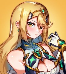 Rule 34 | 1girl, bare shoulders, blonde hair, breasts, chest jewel, cleavage, cleavage cutout, clothing cutout, dress, earrings, gem, gloves, headpiece, jewelry, large breasts, long hair, mythra (xenoblade), solo, swept bangs, tiara, very long hair, white dress, white gloves, xenoblade chronicles (series), xenoblade chronicles 2, yagi (kyuhyun), yellow eyes