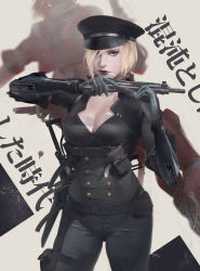 Rule 34 | 1girl, absurdres, bad id, bad pixiv id, belt, black lips, blonde hair, blue eyes, breasts, cleavage, contrapposto, corset, cowboy shot, gloves, gun, highres, holster, jn3, lipstick, makeup, mouth hold, original, pale skin, short hair, solo focus, standing, submachine gun, thigh strap, translation request, weapon