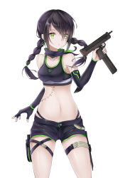 Rule 34 | 1girl, black gloves, black hair, black shorts, black sports bra, braid, breasts, clark (159123), cleavage, closed mouth, collarbone, elbow gloves, extended magazine, feet out of frame, girls&#039; frontline, gloves, green eyes, gun, handgun, highres, holding, holding gun, holding weapon, holster, long hair, looking at viewer, low twintails, mac-10/11, mac-10 (girls&#039; frontline), machine pistol, medium breasts, navel, pistol, scar, scar across eye, scar on neck, scar on stomach, scarf, shorts, solo, sports bra, standing, submachine gun, twin braids, twintails, weapon, white background