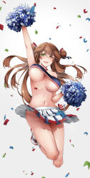 Rule 34 | 1girl, absurdres, blush, bouncing breasts, breasts, cheerleader, clothes lift, confetti, covered erect nipples, full body, girls&#039; frontline, green eyes, hair tie, highres, jumping, large breasts, long hair, looking at viewer, midair, multicolored clothes, multicolored skirt, nakiusagi, no bra, no panties, one eye closed, open mouth, pom pom (cheerleading), shoes, simple background, skirt, skirt lift, solo, springfield (girls&#039; frontline), sweat, underbust, white background