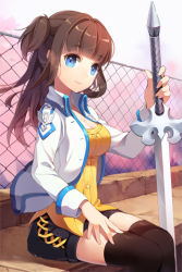 Rule 34 | 1girl, badge, black thighhighs, blue eyes, blunt bangs, breasts, brown hair, chain-link fence, cleavage, cygnus (sword girls), fence, gilse, jacket, long hair, lowres, new knight, shirt, shorts, sitting, solo, sword, sword girls, thighhighs, two side up, weapon