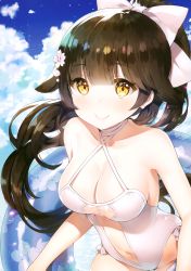 Rule 34 | 1girl, absurdres, ayamy, azur lane, black hair, bow, breasts, brown eyes, casual one-piece swimsuit, cleavage, clothing cutout, criss-cross halter, day, hair bow, hair flaps, halterneck, highres, innertube, large breasts, leaning forward, navel cutout, one-piece swimsuit, outdoors, pantyhose, ponytail, ribbon, scan, simple background, sky, smile, solo, stomach, swim ring, swimsuit, takao (azur lane), takao (beach rhapsody) (azur lane), thighband pantyhose, water, white bow, white one-piece swimsuit, white ribbon