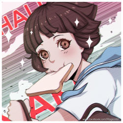 Rule 34 | 10s, 1girl, artist name, blouse, bread slice, brown eyes, brown hair, dutch angle, facebook username, food, food in mouth, kill la kill, magion02, mankanshoku mako, mouth hold, portrait, sailor collar, school uniform, shirt, signature, solo, sparkle, speed lines, toast, toast in mouth, watermark, web address, white shirt