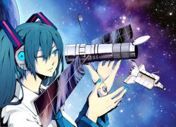 Rule 34 | 1girl, aqua eyes, aqua hair, detached sleeves, dhaniya, earth (planet), giant, giantess, hatsune miku, highres, hubble, long hair, nail polish, necktie, one eye closed, planet, smile, solo, space, space shuttle, spacecraft, twintails, vocaloid