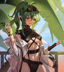 Rule 34 | 1girl, antenna hair, arknights, bare shoulders, breasts, brown eyes, cup, drinking glass, gavial (arknights), green hair, hair between eyes, hand up, highres, holding, holding cup, long hair, long sleeves, looking at viewer, medium breasts, navel, off shoulder, official alternate costume, open clothes, open shirt, parted lips, ponytail, red lips, shirt, smile, solo, stomach, underboob, upper body, wawapeng, white shirt