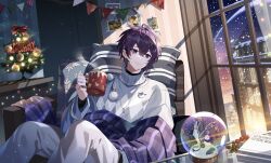 Rule 34 | 1boy, black nails, cup, earrings, highres, holding, holding cup, hp (3000x4500), indie virtual youtuber, jewelry, long sleeves, looking to the side, male focus, merry christmas, pillow, pom pom (clothes), purple eyes, purple hair, short hair, shoto (vtuber), single earring, sitting, snow globe, sweater, virtual youtuber, white sweater