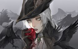 Rule 34 | 1girl, absurdres, ambiguous red liquid, androgynous, apple, ascot, bird, black coat, black gloves, black hat, bloodborne, brooch, coat, collared coat, crow, dripping, expressionless, flock, food, fruit, gem, gloves, green gemstone, grey background, grey eyes, grey hair, hand up, hat, hat feather, high collar, highres, holding, holding food, holding fruit, jewelry, lady maria of the astral clocktower, looking at viewer, low ponytail, medium hair, open mouth, portrait, solo, tricorne, white ascot, zashi liumang