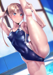 Rule 34 | 1girl, andou you, blonde hair, blue eyes, blue one-piece swimsuit, breasts, commentary request, competition swimsuit, covered erect nipples, covered navel, cowboy shot, dutch angle, hair ribbon, kneepits, long hair, looking at viewer, one-piece swimsuit, original, ribbon, small breasts, solo, split, standing, standing on one leg, standing split, swimsuit