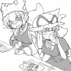 Rule 34 | 2girls, animal hat, breasts, chopsticks, commentary request, cup, dress, drinking, drunk, food, fox tail, greyscale, hand up, hat, hat ribbon, highres, holding, holding chopsticks, holding cup, long hair, long sleeves, medium breasts, mob cap, monochrome, multiple girls, multiple tails, open mouth, ribbon, short sleeves, squeans, sunatoshi, tabard, tail, touhou, upper body, white background, yakumo ran, yakumo yukari