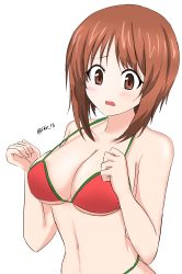 Rule 34 | 1girl, absurdres, aikir (jml5160), bikini, blush, breasts, brown eyes, brown hair, cleavage, commentary, embarrassed, frown, girls und panzer, highres, looking at viewer, medium breasts, navel, nishizumi miho, one-hour drawing challenge, open mouth, red bikini, short hair, simple background, solo, swimsuit, twitter username, upper body, w arms, white background