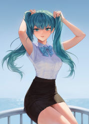 Rule 34 | 1girl, absurdres, ahoge, aqua eyes, aqua hair, arms up, bare arms, black skirt, blue bow, blue bowtie, blue sky, blurry, bow, bowtie, breast pocket, breasts, bunching hair, collared shirt, commentary, cowboy shot, day, depth of field, dress shirt, floating hair, hair over shoulder, hatsune miku, highres, holding, holding own hair, horizon, long hair, looking at viewer, miniskirt, ocean, on railing, outdoors, parted lips, pencil skirt, pocket, railing, shirt, short sleeves, sitting, skirt, sky, smile, solo, striped bow, striped bowtie, striped clothes, tanna, twintails, vocaloid, white shirt