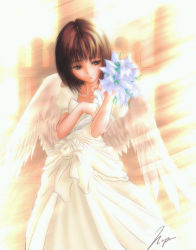 Rule 34 | angel, angel wings, brown eyes, brown hair, dress, flower, jpeg artifacts, lily (flower), short hair, smile, solo, wings
