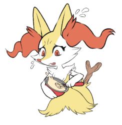 Rule 34 | 1girl, animal ear fluff, animal ears, bowl, box (hajimeyou654), braixen, cooking, creatures (company), fang, female focus, flying sweatdrops, fox ears, fox tail, furry, furry female, game freak, gen 6 pokemon, highres, looking down, nervous, nintendo, open mouth, pokemon, pokemon (creature), red eyes, simple background, solo, tail, wavy mouth, whisk, white background